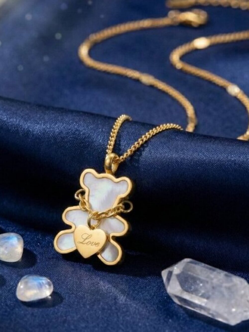 18K Gold Plated SS Shell Teddy Bear Necklace Love Heart Coquette Balletcore 16in - Picture 4 of 17